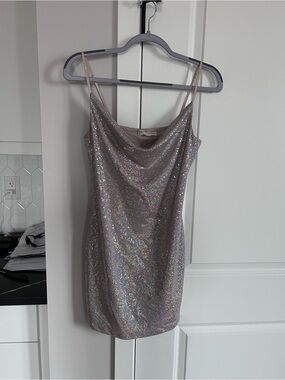 Thirty Thirty Iridescent Silver Pink Sparkle Cowl Neck Mini Dress Y2K Party